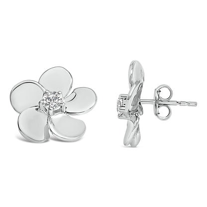 Pair of white metal flower-shaped stud earrings with a round white gemstone in the center, shown from front and side angles on a white background.