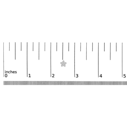 White metal earrings with round white gemstones in a prong setting arranged in a small flower shape, shown flat on a ruler scale, top-down angle.