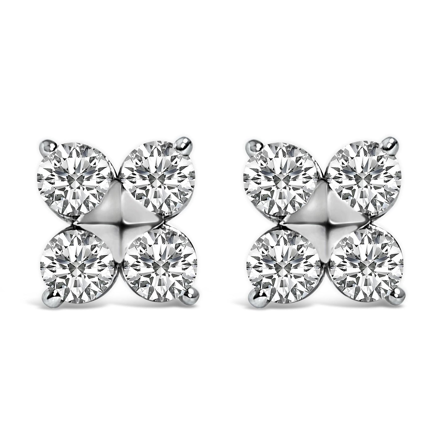Pair of white metal stud earrings with four round white gemstones in prong settings arranged in a square pattern, shown from the front on a white background.