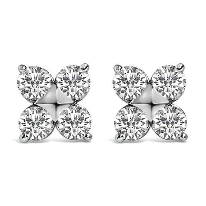 Pair of white metal stud earrings with four round white gemstones in prong settings arranged in a square pattern, shown from the front on a white background.