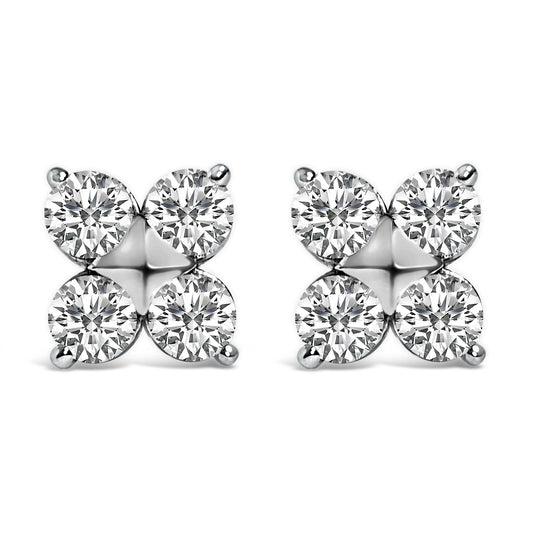 Pair of white metal stud earrings with four round white gemstones in prong settings arranged in a square pattern, shown from the front on a white background.