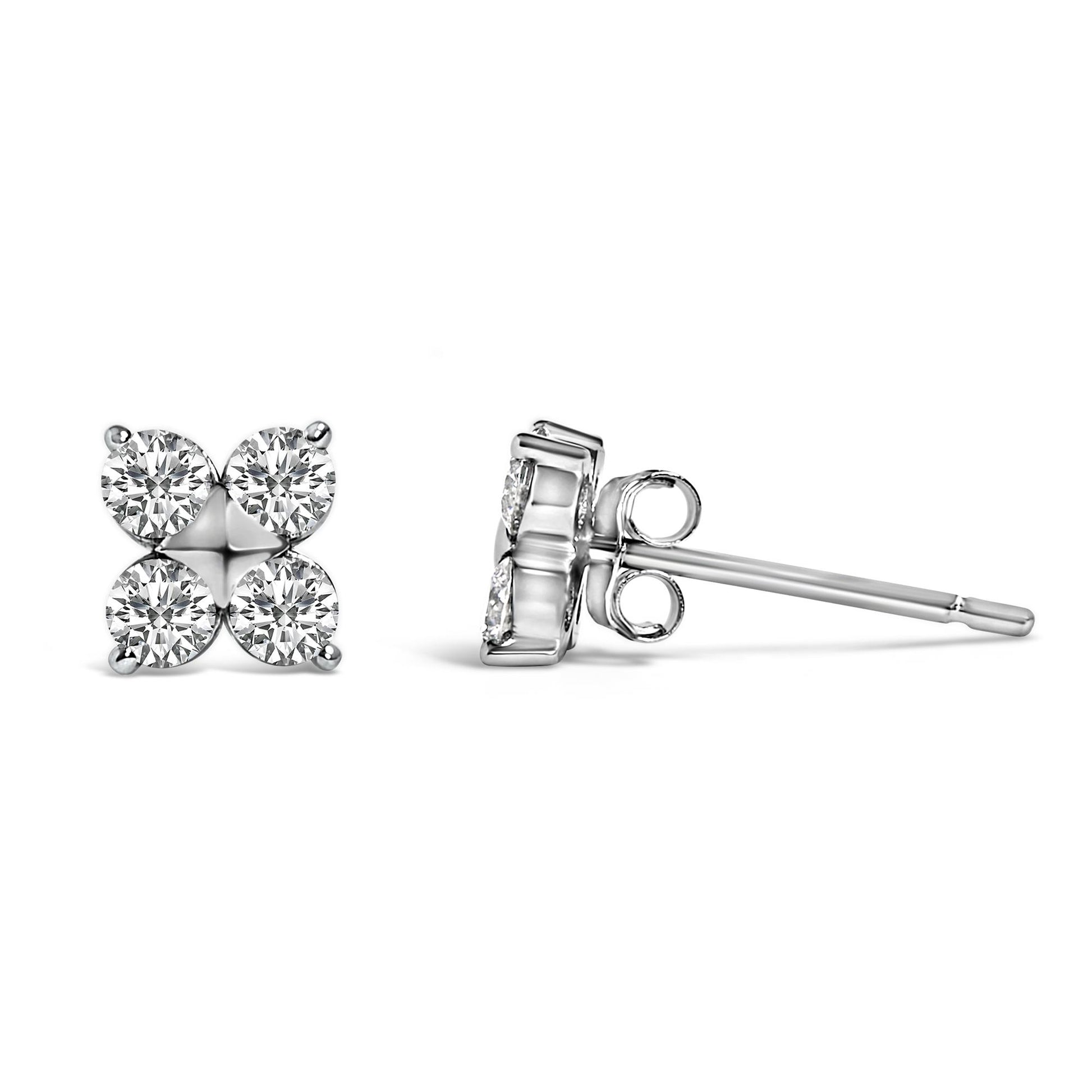 Close-up front and side view of a pair of white metal stud earrings with round white gemstones set in a cluster pattern.