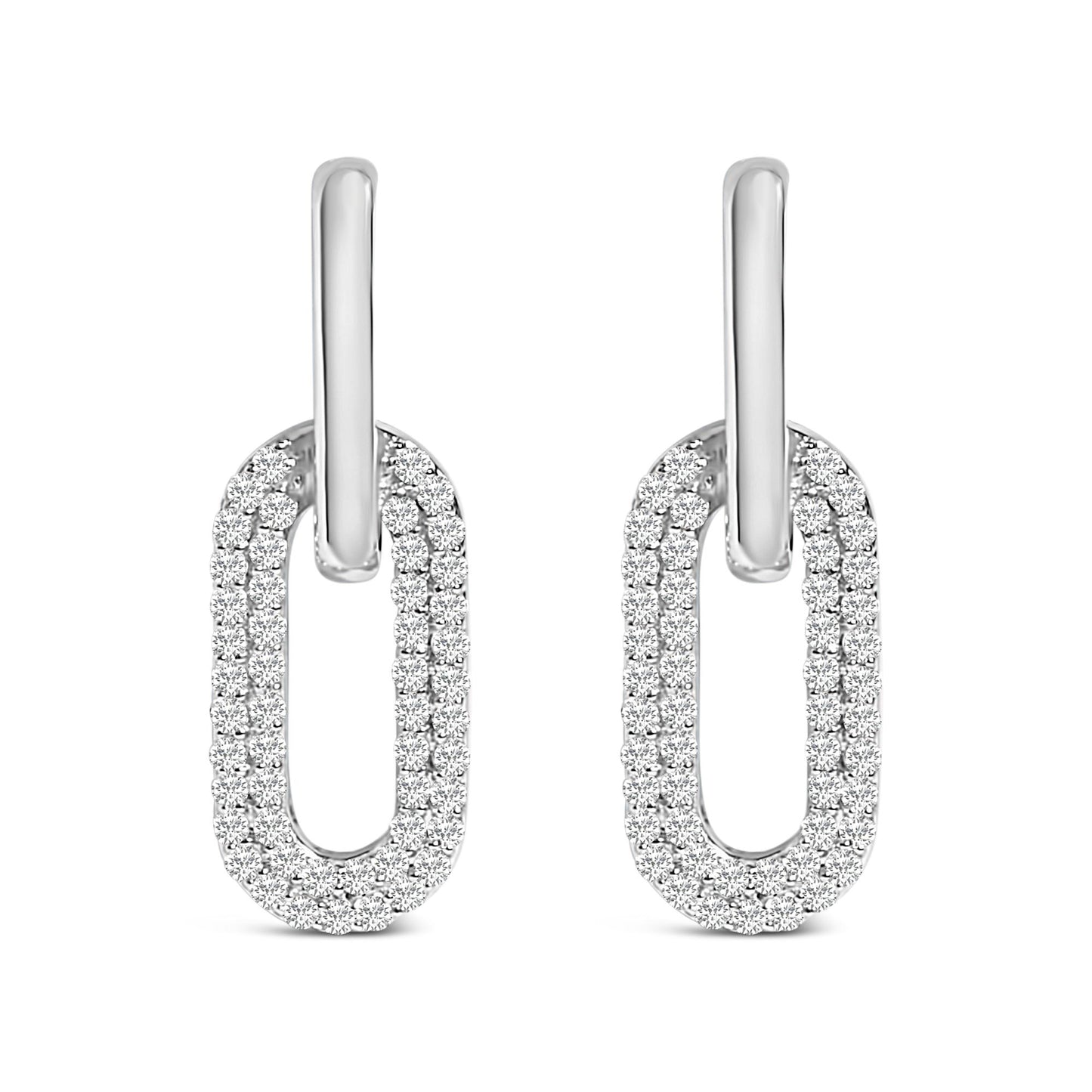 Front view of white metal earrings with oval-shaped loops encrusted with multiple round white gemstones in a shared prong setting.