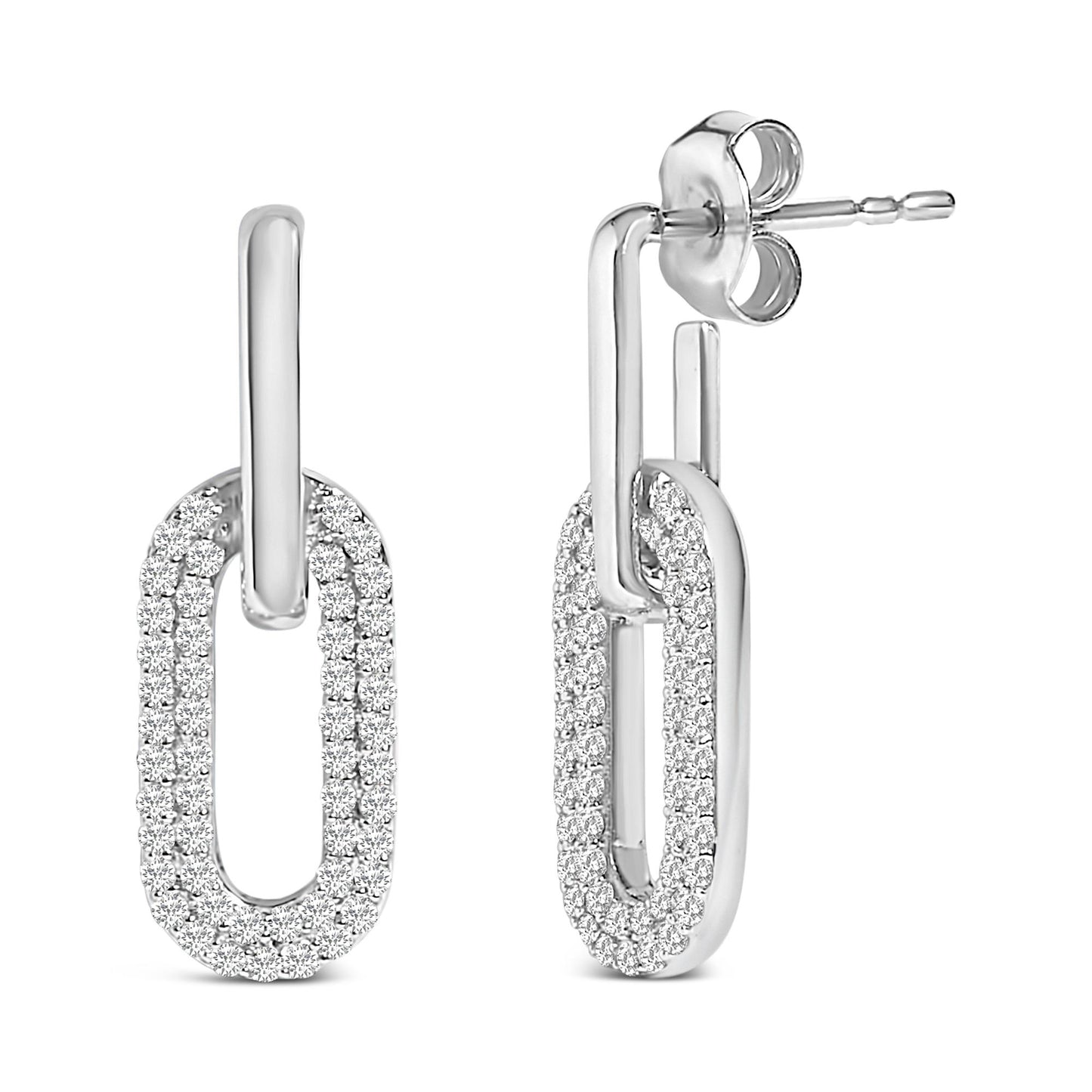 Front and side angles of a pair of white metal earrings featuring elongated oval shapes encrusted with small round white gemstones in a shared prong setting.