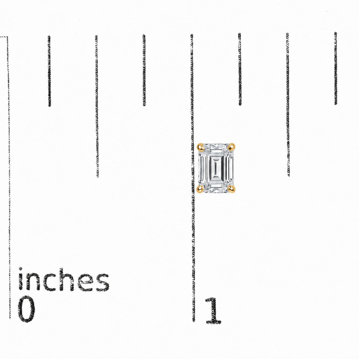 Close-up front view of a pair of yellow metal stud earrings featuring rectangular white gemstones in a four-prong setting, shown on a measurement scale.