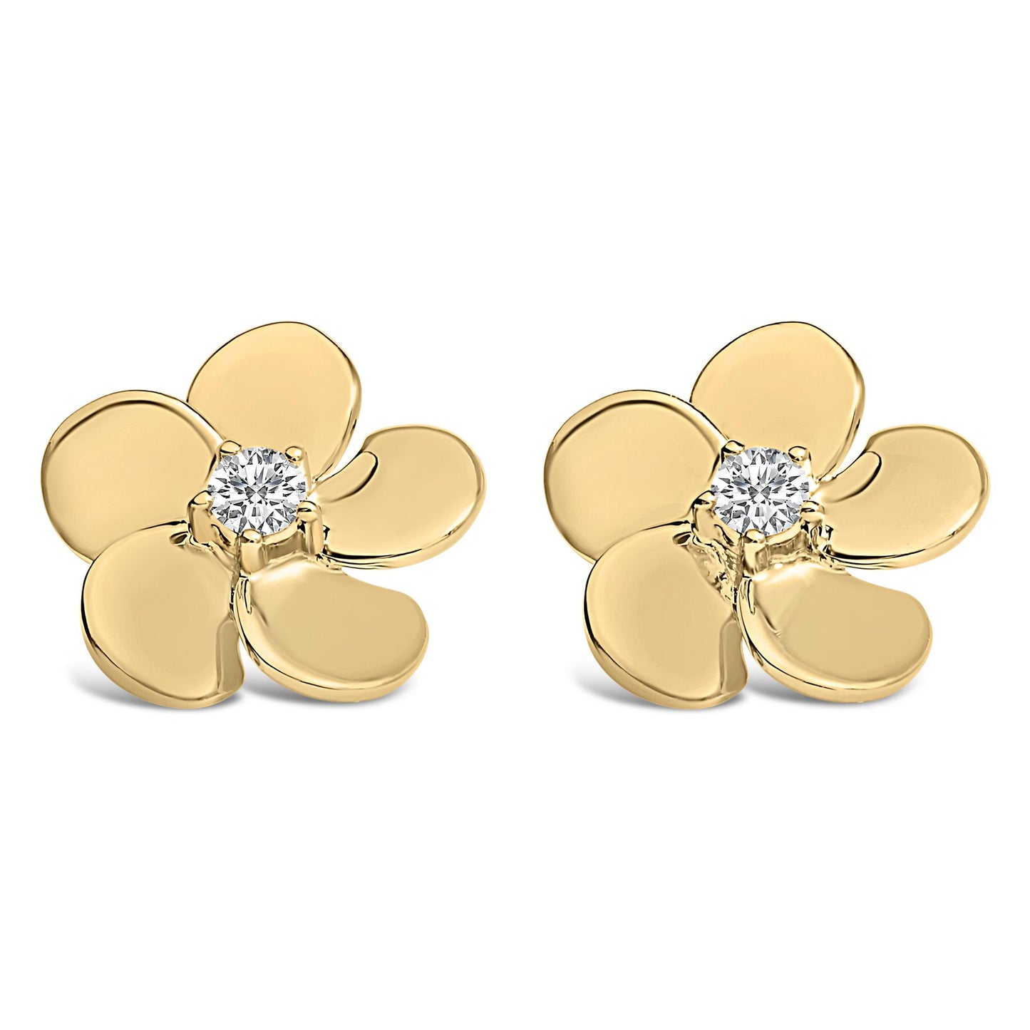Front angled view of yellow metal flower-shaped earrings with a round white gemstone in prong setting at the center, shown side by side on a white background.