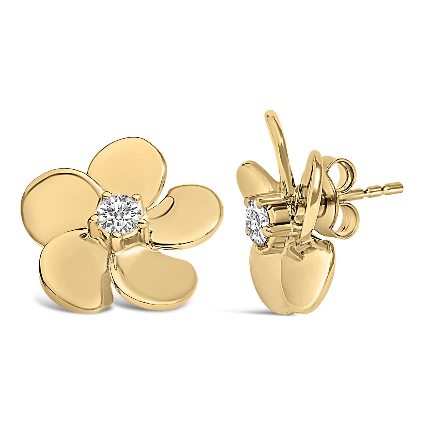 Front and side view of yellow metal flower-shaped stud earrings each with a round white gemstone in prong setting at the center, shown on a white background.