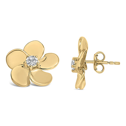 Pair of yellow metal flower-shaped stud earrings with a round white gemstone in the center, shown from front and side angles on a white background.