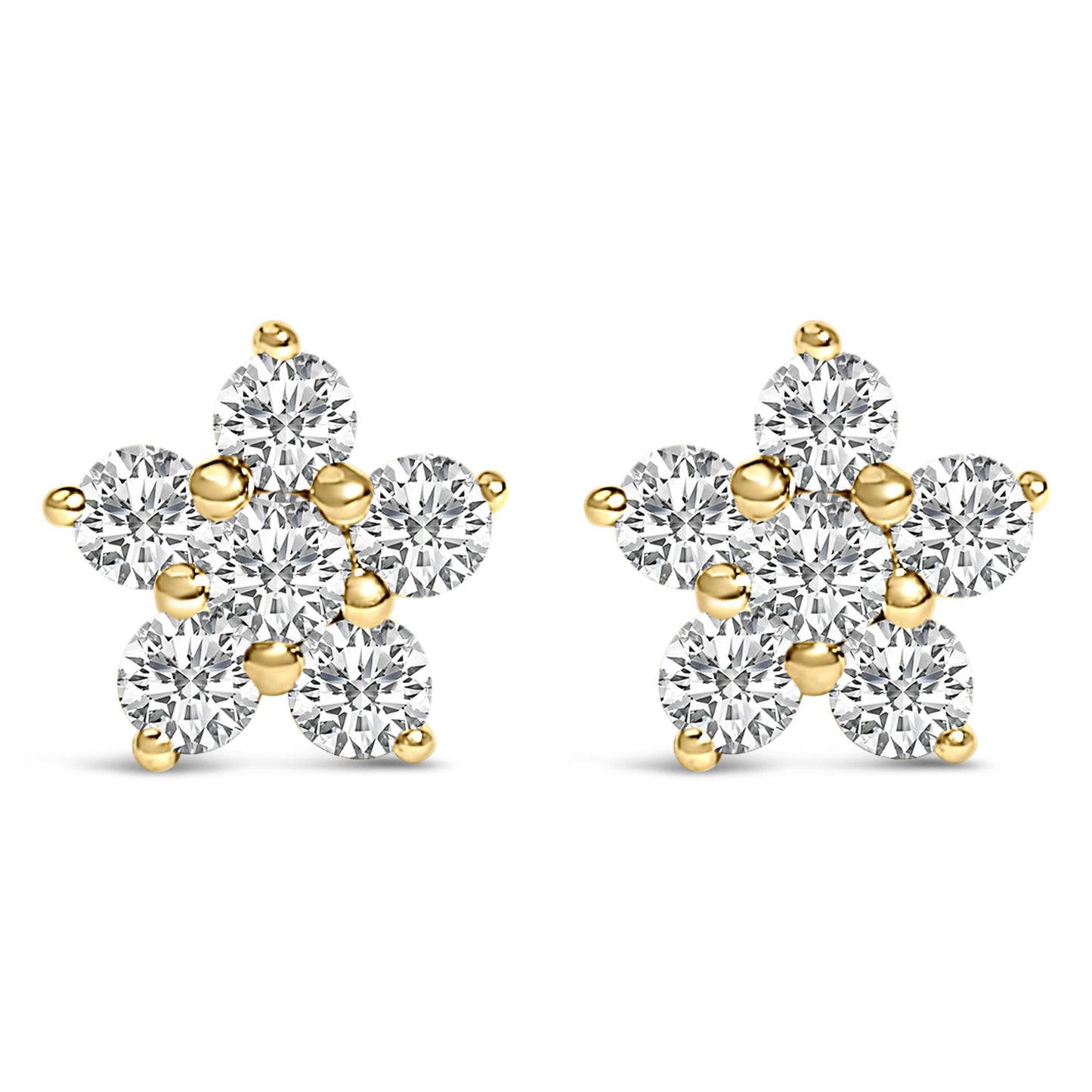 Pair of yellow metal earrings designed as star shapes with round white gemstones in prong settings, shown from the front angle on a white background.
