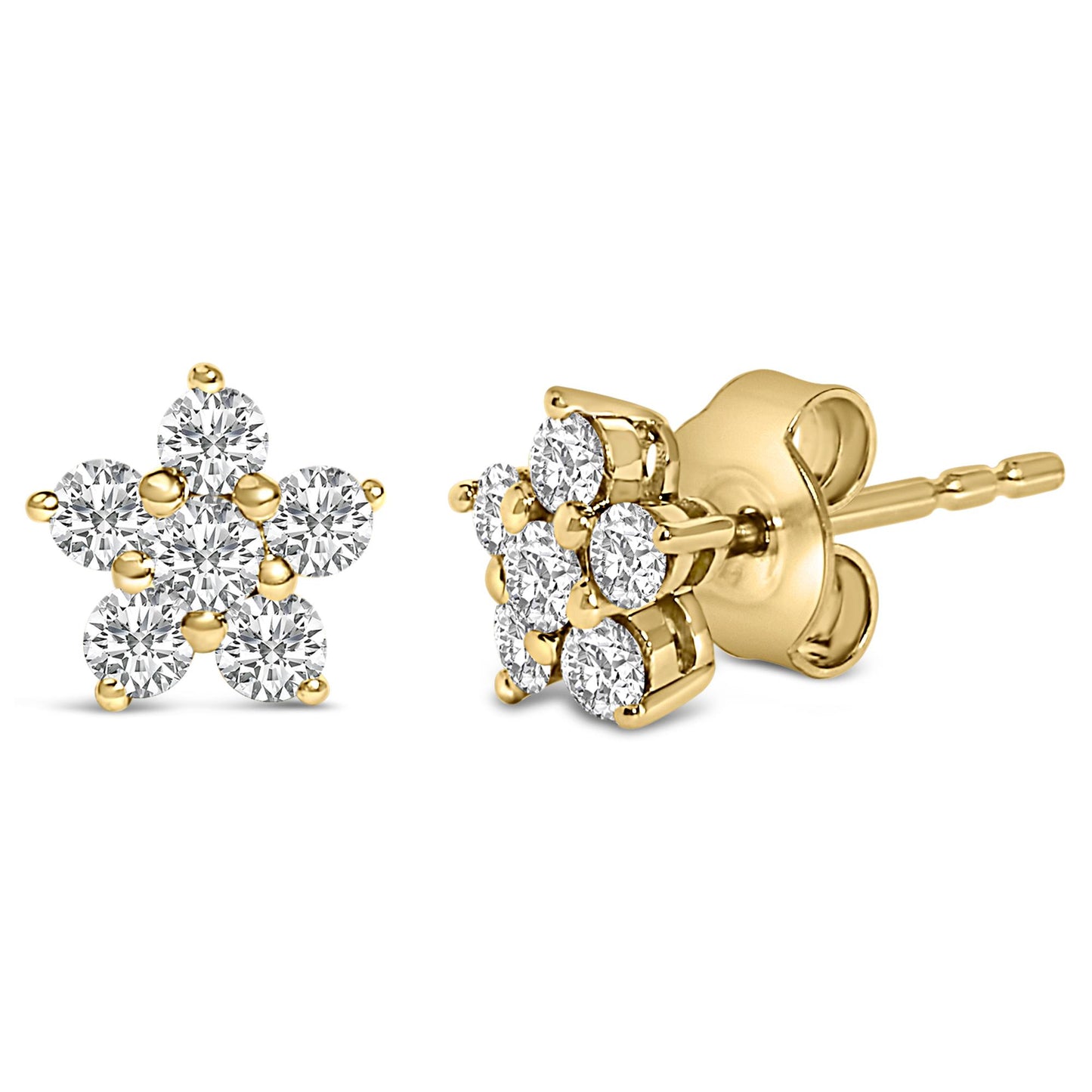 Pair of yellow metal earrings with a cluster of round white gemstones arranged in a flower shape, shown from front and side angles on a white background.