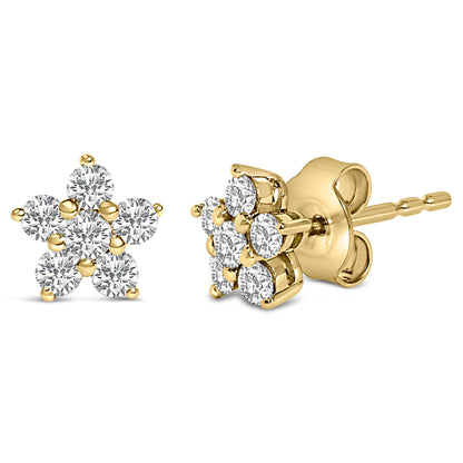 Pair of yellow metal earrings with a cluster of round white gemstones arranged in a flower shape, shown from front and side angles on a white background.