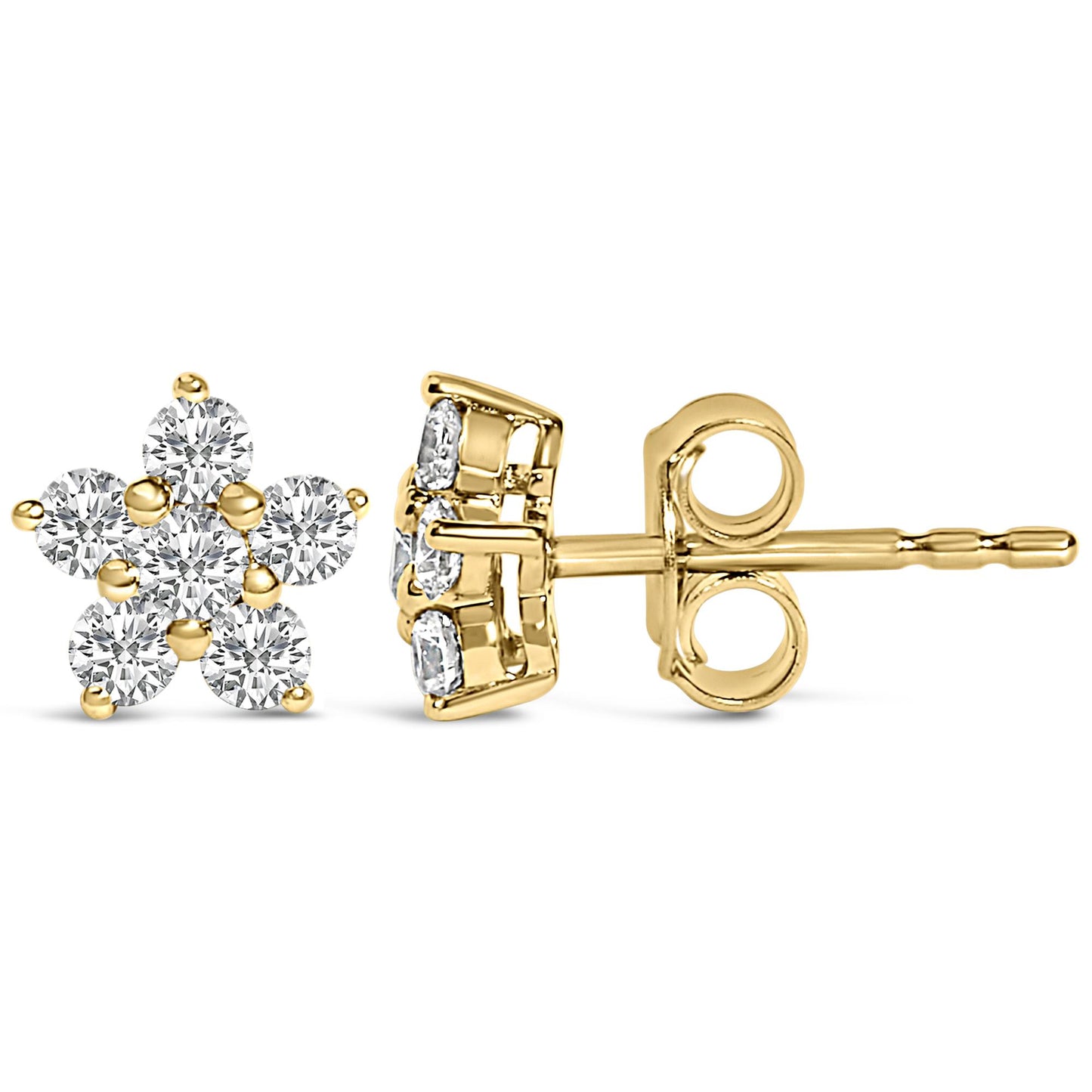 Pair of yellow metal stud earrings shown from the front and side, each designed in a floral cluster shape with round white gemstones in prong settings.