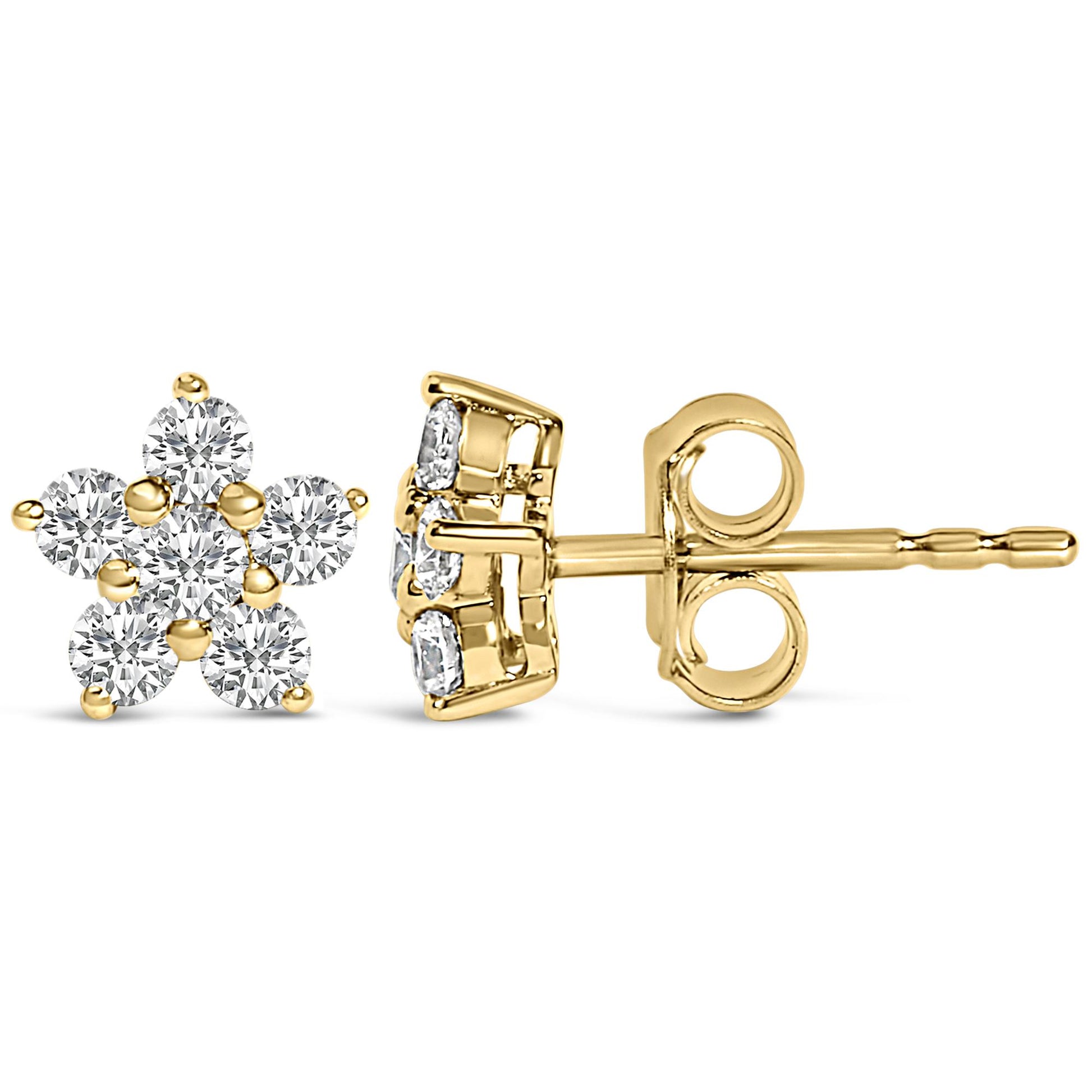 Pair of yellow metal stud earrings shown from the front and side, each designed in a floral cluster shape with round white gemstones in prong settings.