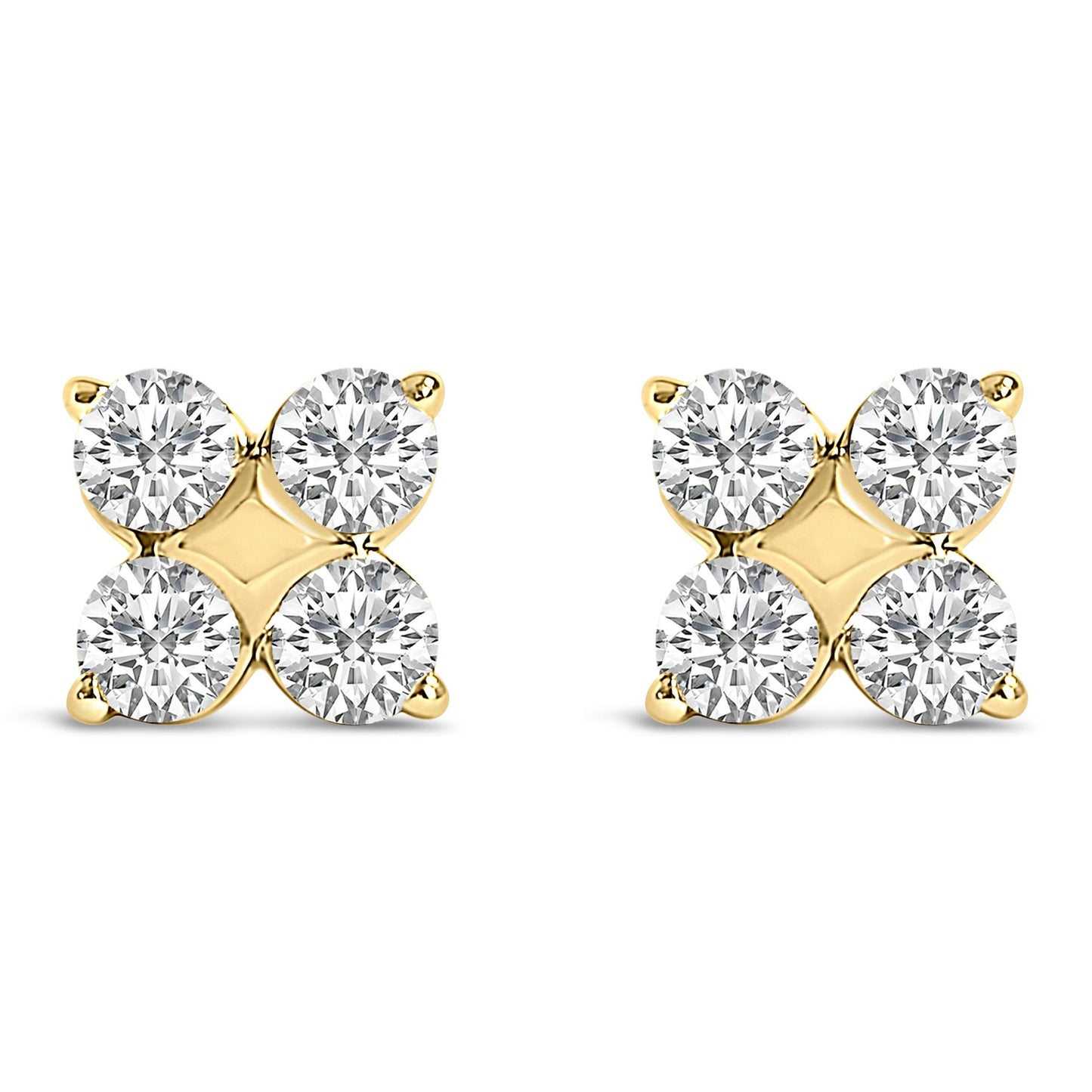 Pair of yellow metal stud earrings shown from the front, each featuring four round white gemstones in prong settings arranged in a square shape.