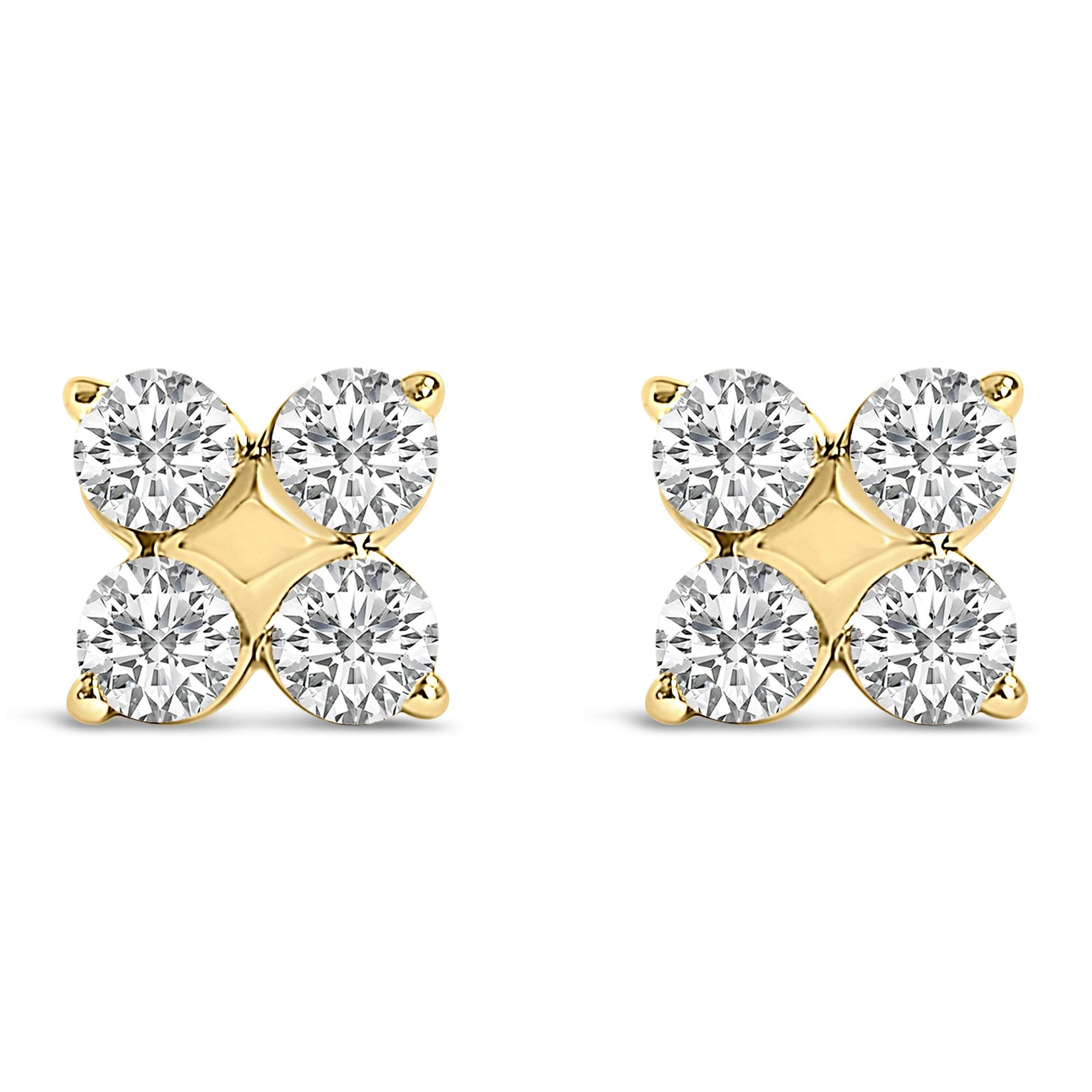 Pair of yellow metal stud earrings shown from the front, each featuring four round white gemstones in prong settings arranged in a square shape.