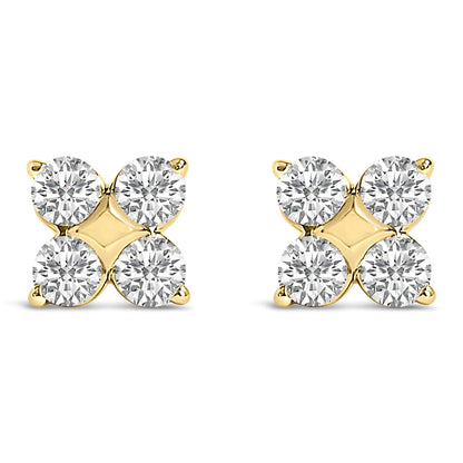 Pair of yellow metal stud earrings shown from the front, each featuring four round white gemstones in prong settings arranged in a square shape.