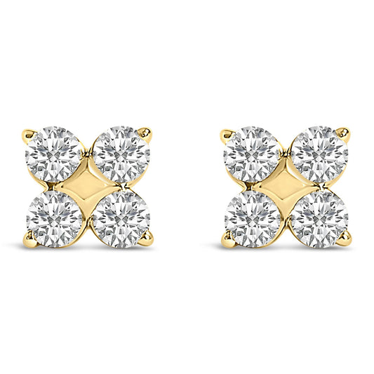 Pair of yellow metal stud earrings shown from the front, each featuring four round white gemstones in prong settings arranged in a square shape.