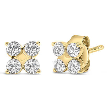 Pair of yellow metal stud earrings with clusters of round white gemstones in prong settings, shown from front and side angles on a white background.