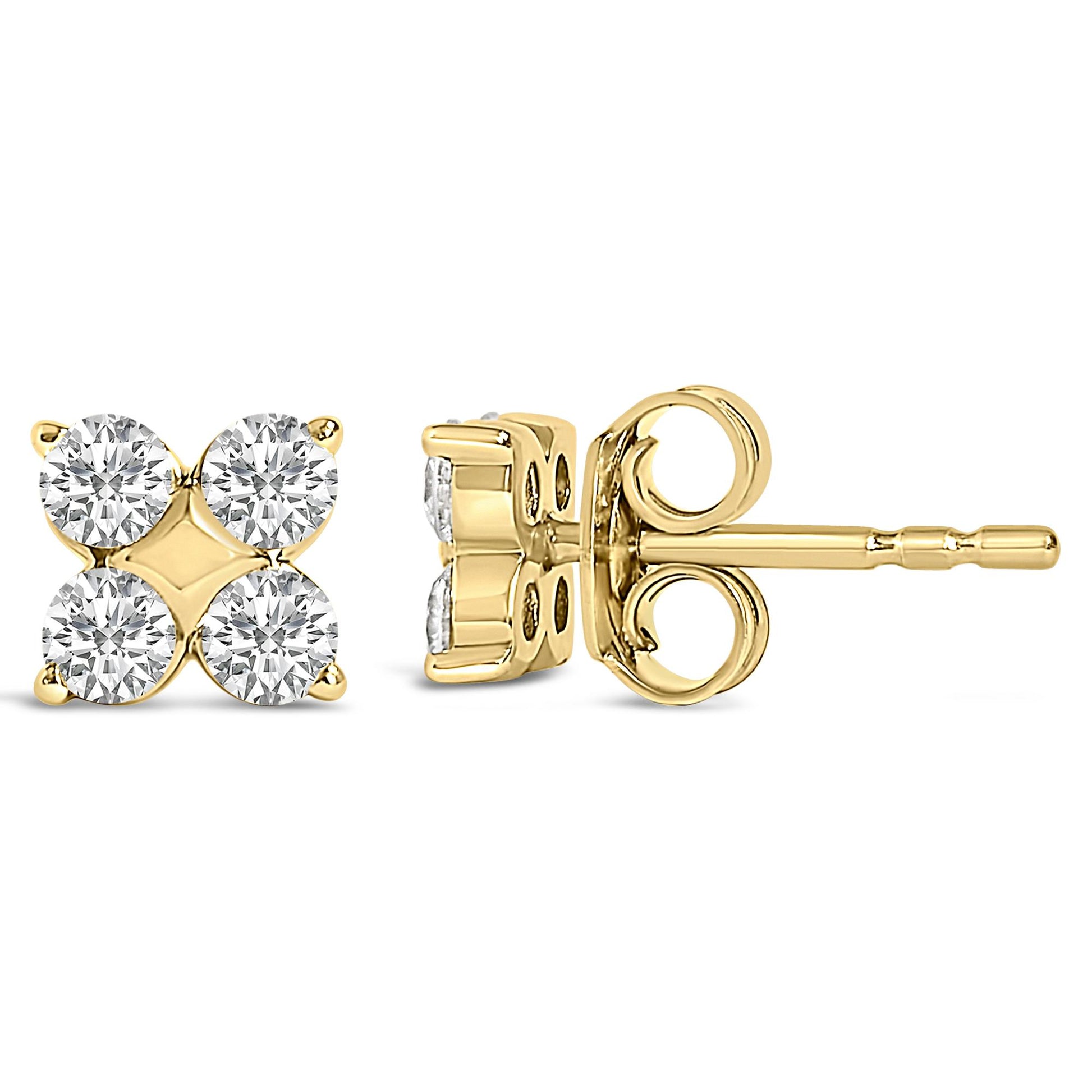 Pair of yellow stud earrings with four round white gemstones in prong settings, shown from front and side angles on a white background.