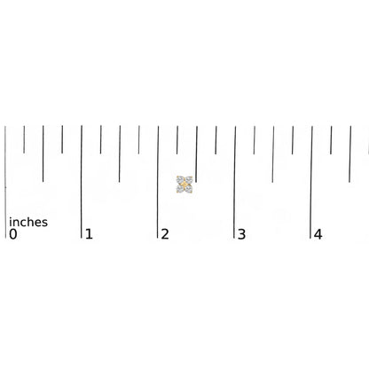 Close-up top view of yellow metal earrings with four white round gemstones set in prongs, shown on a scale.