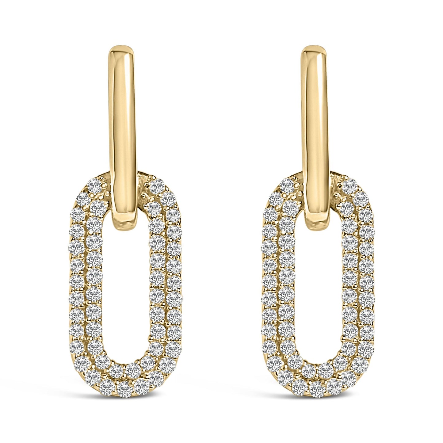 Front angle view of a pair of yellow metal earrings featuring elongated oval shapes encrusted with round white gemstones in a shared prong setting.