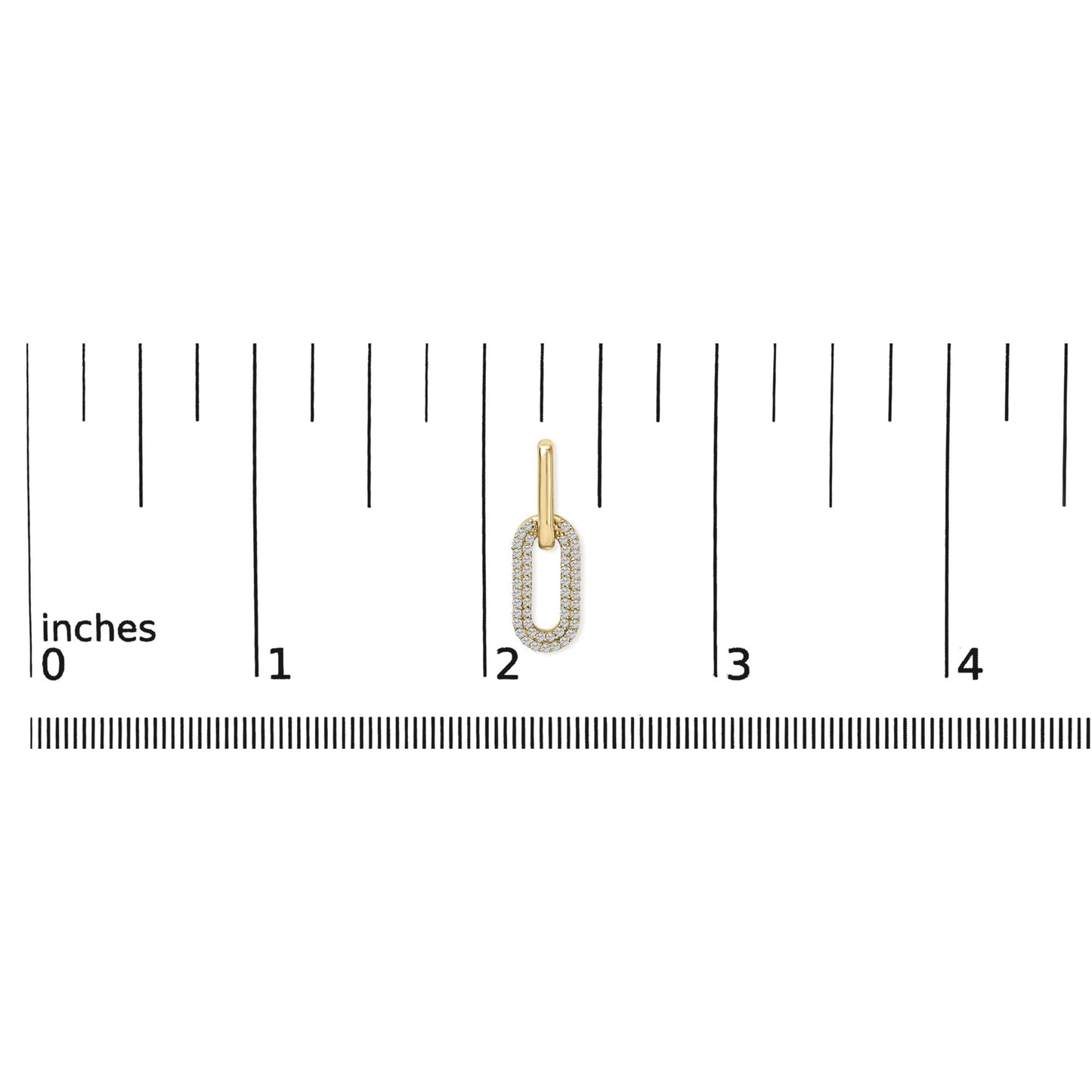 Close-up front view of a yellow metal oval-shaped earring with white round gemstones in shared prong setting, shown on a ruler scale.