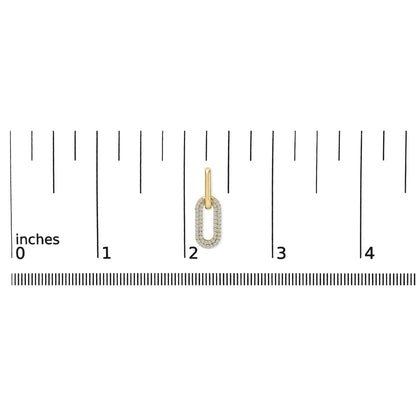 Close-up front view of a yellow metal oval-shaped earring with white round gemstones in shared prong setting, shown on a ruler scale.