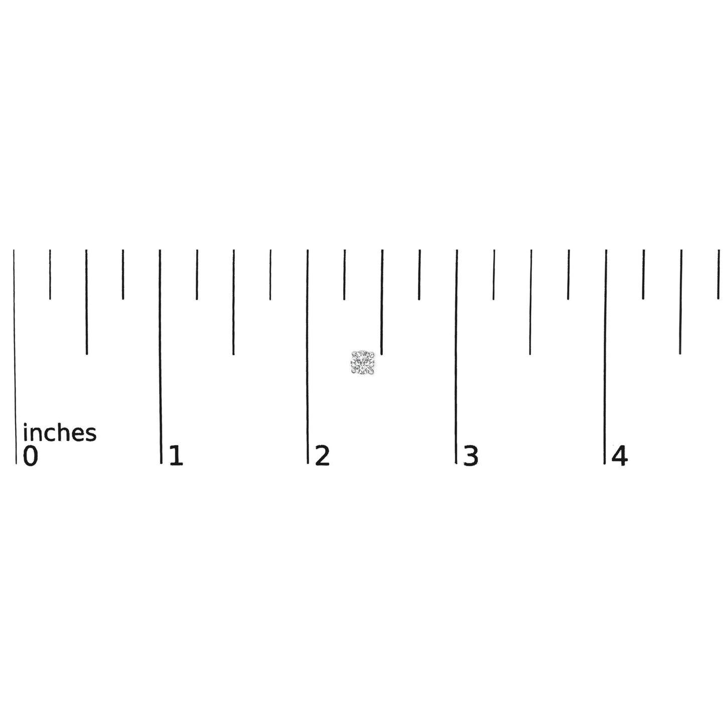 Close-up front view of a single white round gemstone earring in a 4-prong setting shown on a ruler scale.