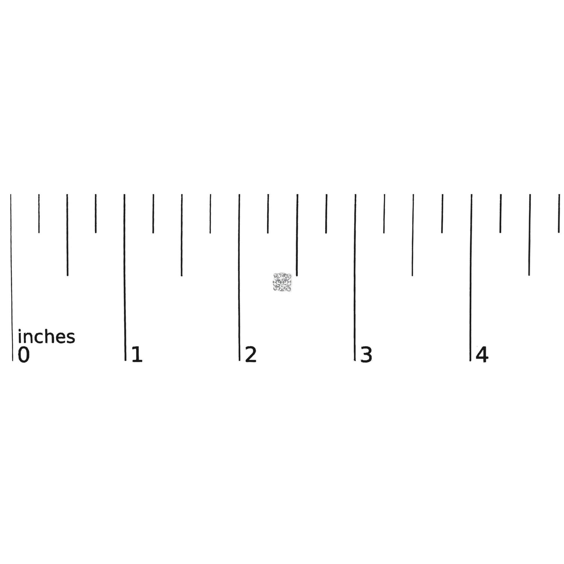 Close-up front view of a single white round gemstone earring in a 4-prong setting shown on a ruler scale.