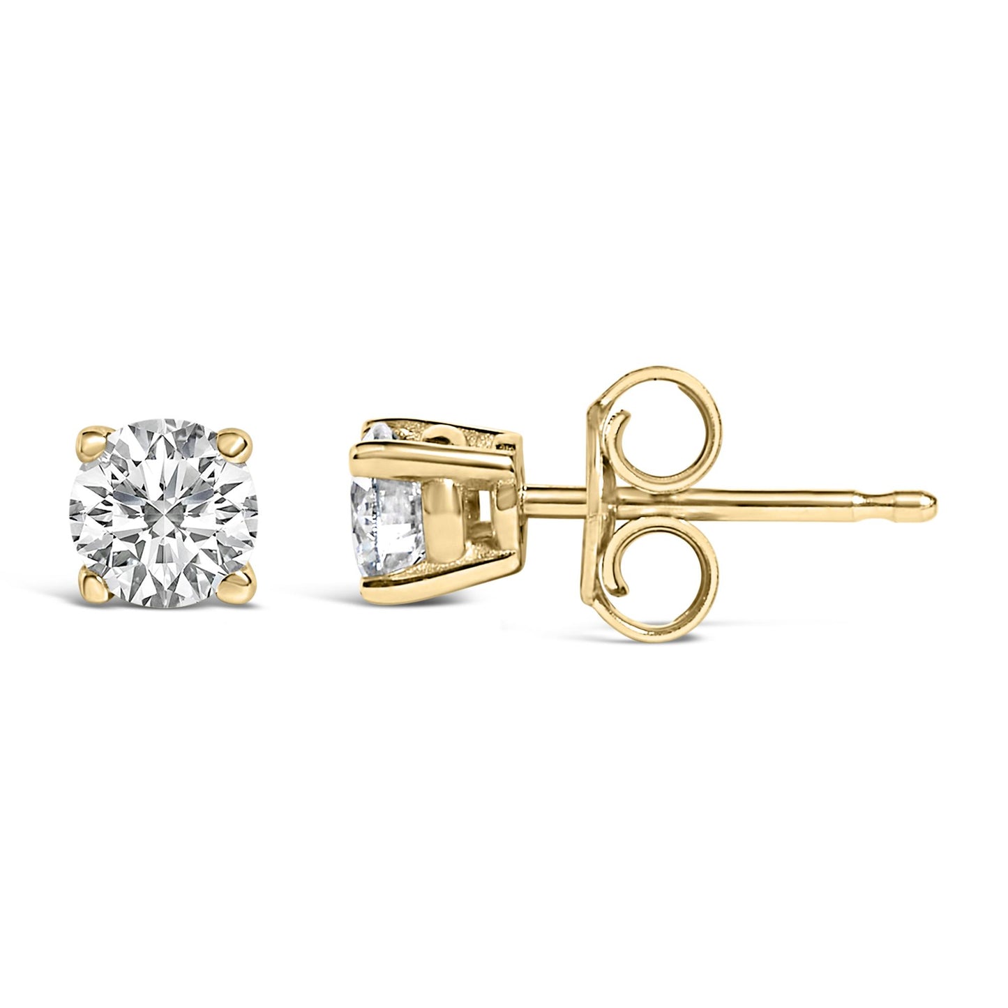 Pair of yellow metal stud earrings with round white gemstones in 4-prong settings, shown from front and side angles on a white background.