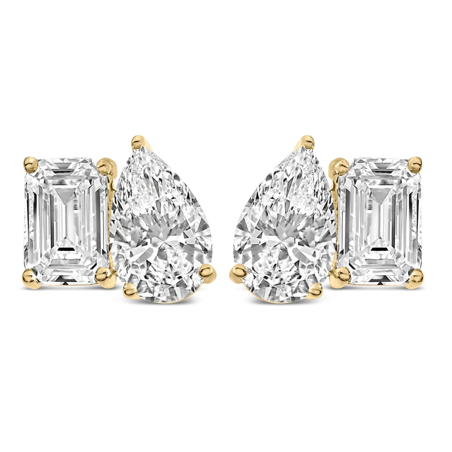 Pair of yellow metal earrings with white emerald-shaped gemstones in four-prong settings next to pear-shaped white gemstones in three-prong settings, shown from the front on a white background.