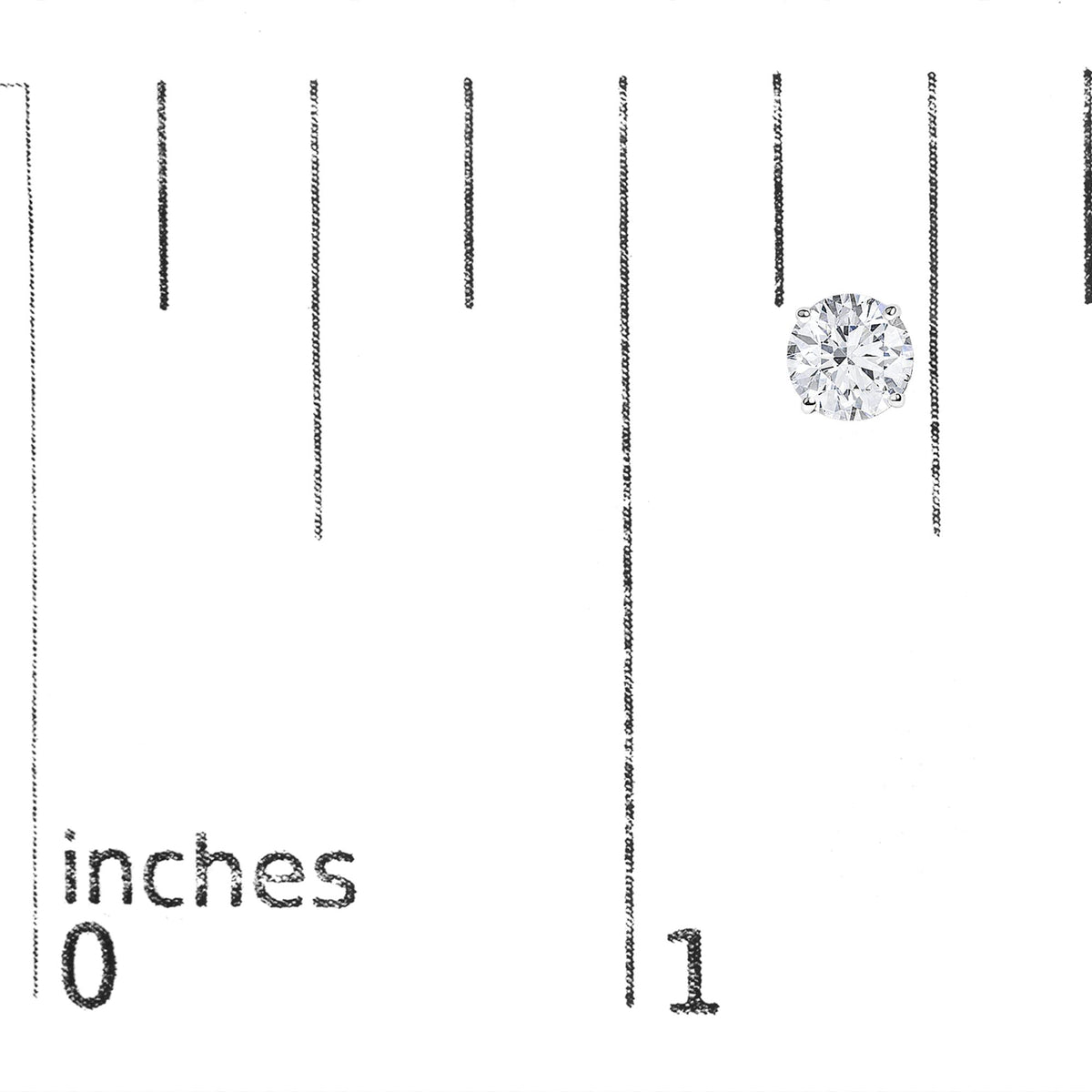 Close-up image of a single white metal round gemstone earring in a four-prong setting, shown on a scale with measurement markings, photographed from a front angle.