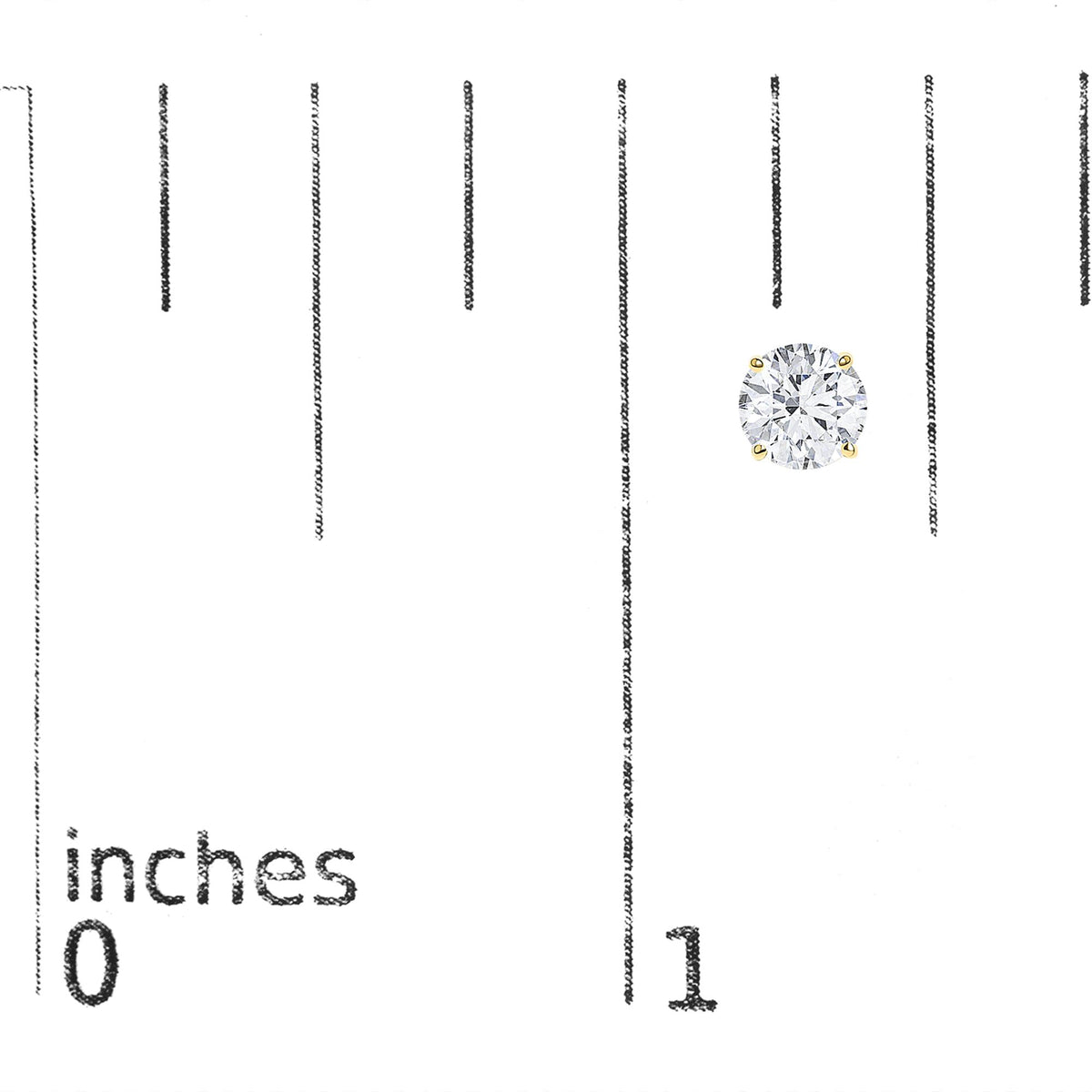 Close-up image of a single yellow metal stud earring featuring a round white gemstone held in a 4-prong setting, shown on a scale viewed from the front.