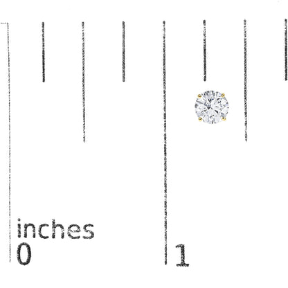 Close-up image of a single yellow metal stud earring featuring a round white gemstone held in a 4-prong setting, shown on a scale viewed from the front.