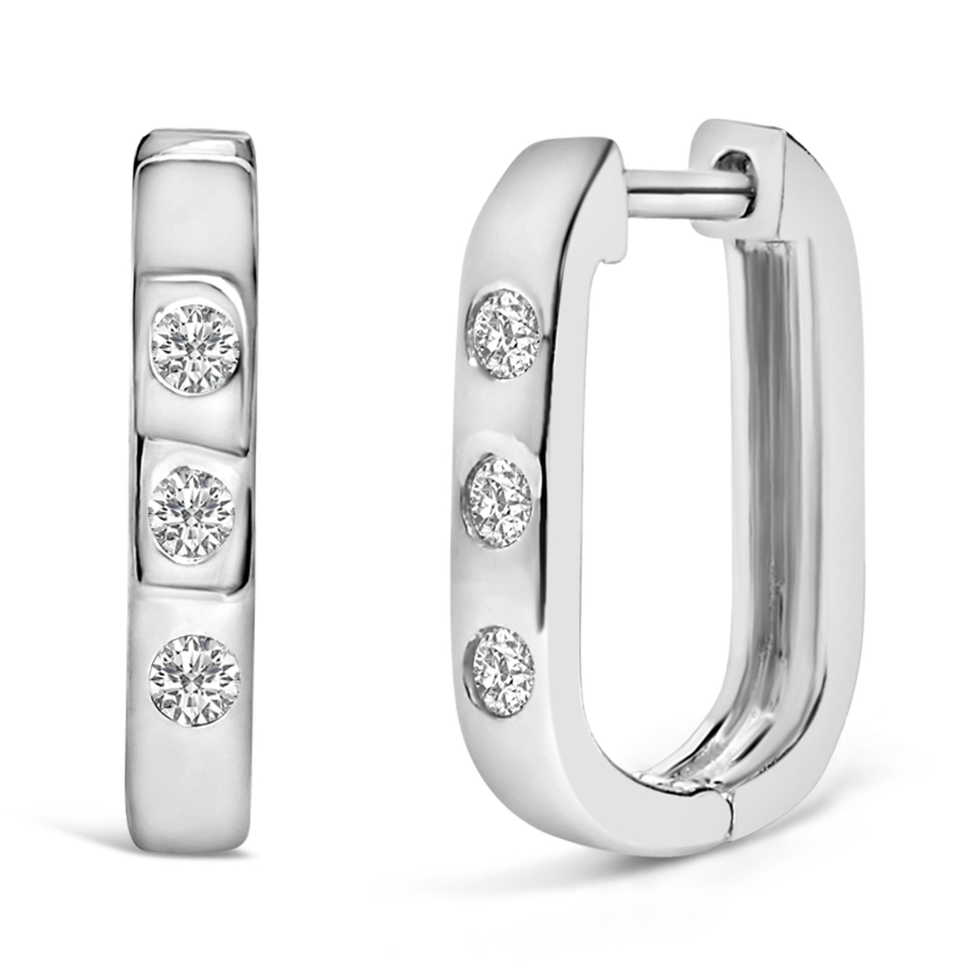 Close-up front and side view of white metal rectangular hoop earrings with round white gemstones set in bezel settings.