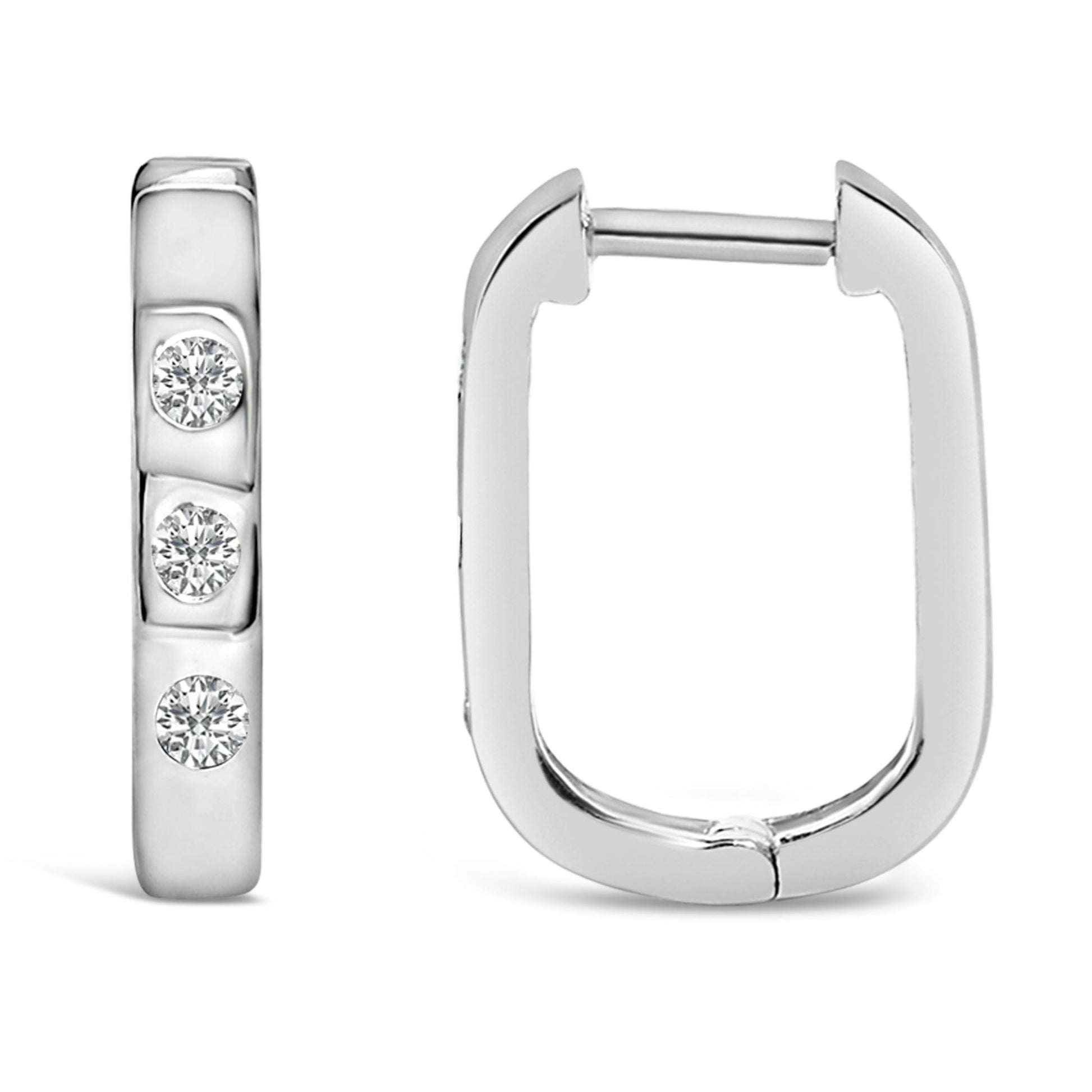 Pair of white metal rectangular hoop earrings shown from the front and side angles, each featuring round white gemstones in bezel settings.