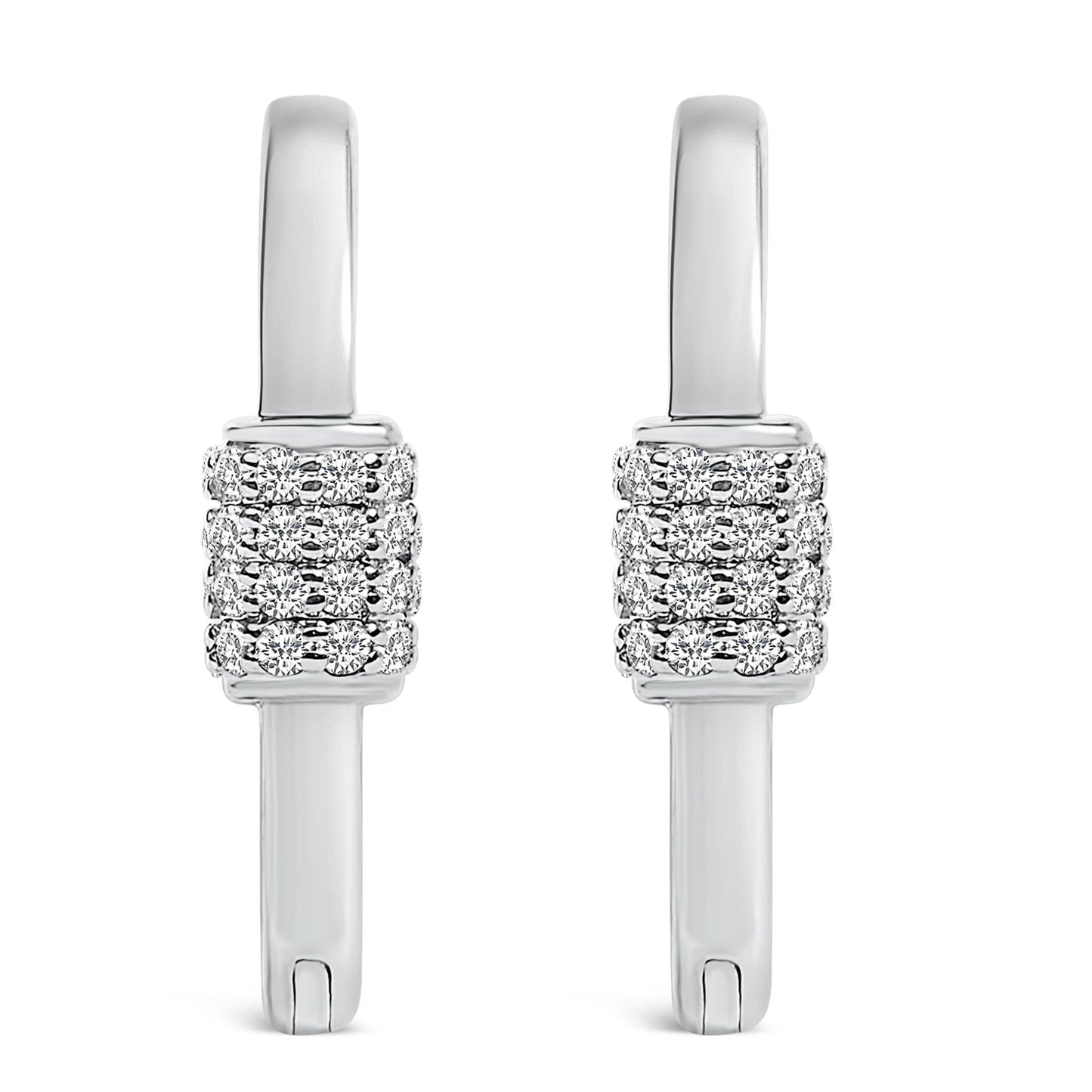 Front view of a pair of white metal earrings with a rectangular cluster of round white gemstones set in shared prong setting.