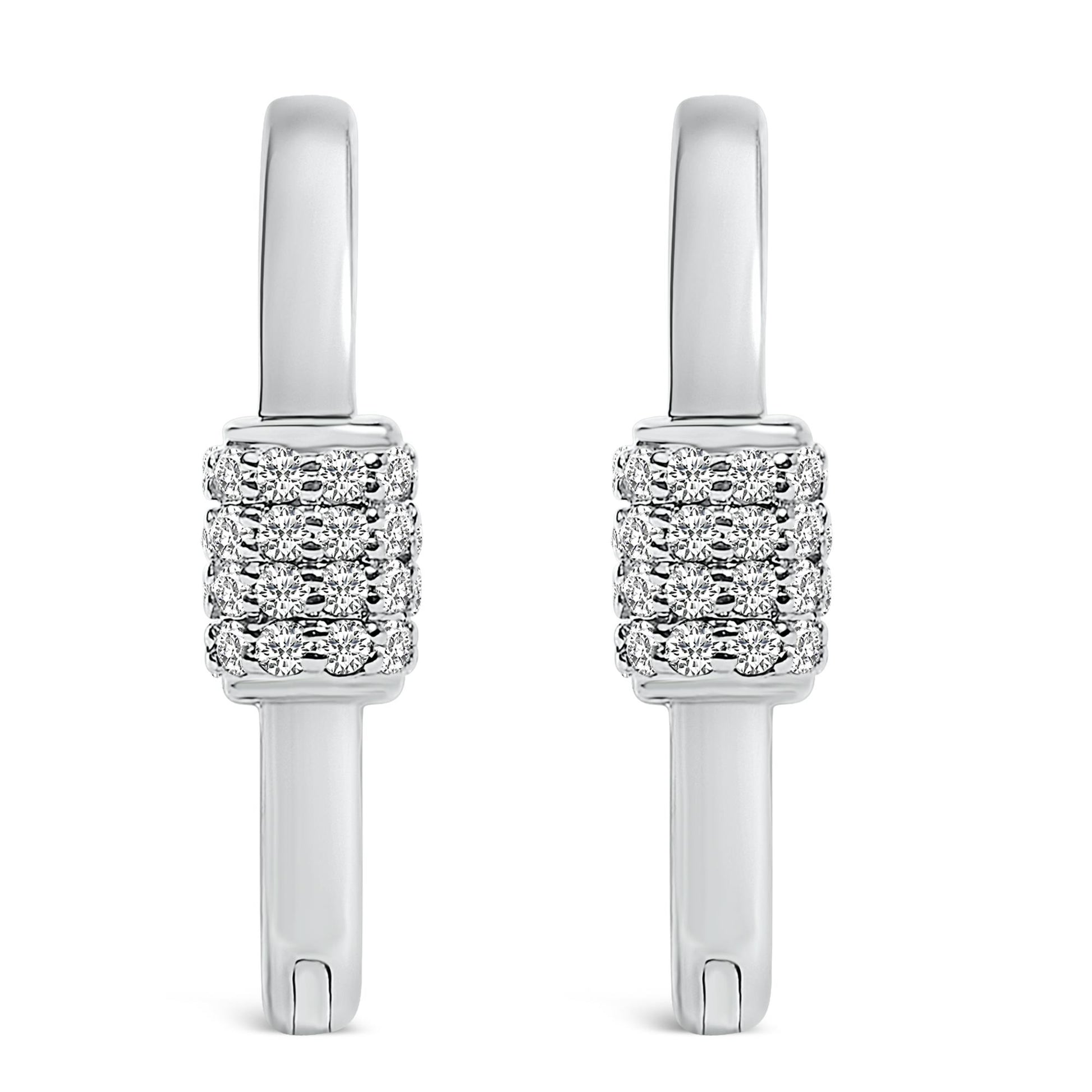 Front view of a pair of white metal earrings with a rectangular cluster of round white gemstones set in shared prong setting.