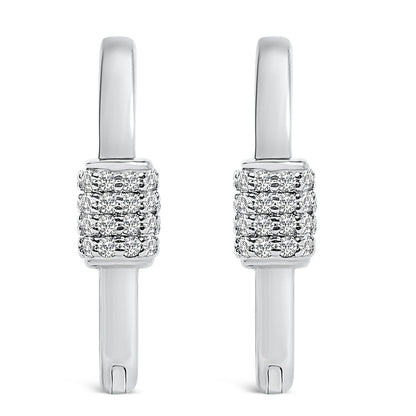 Front view of a pair of white metal earrings with a rectangular cluster of round white gemstones set in shared prong setting.