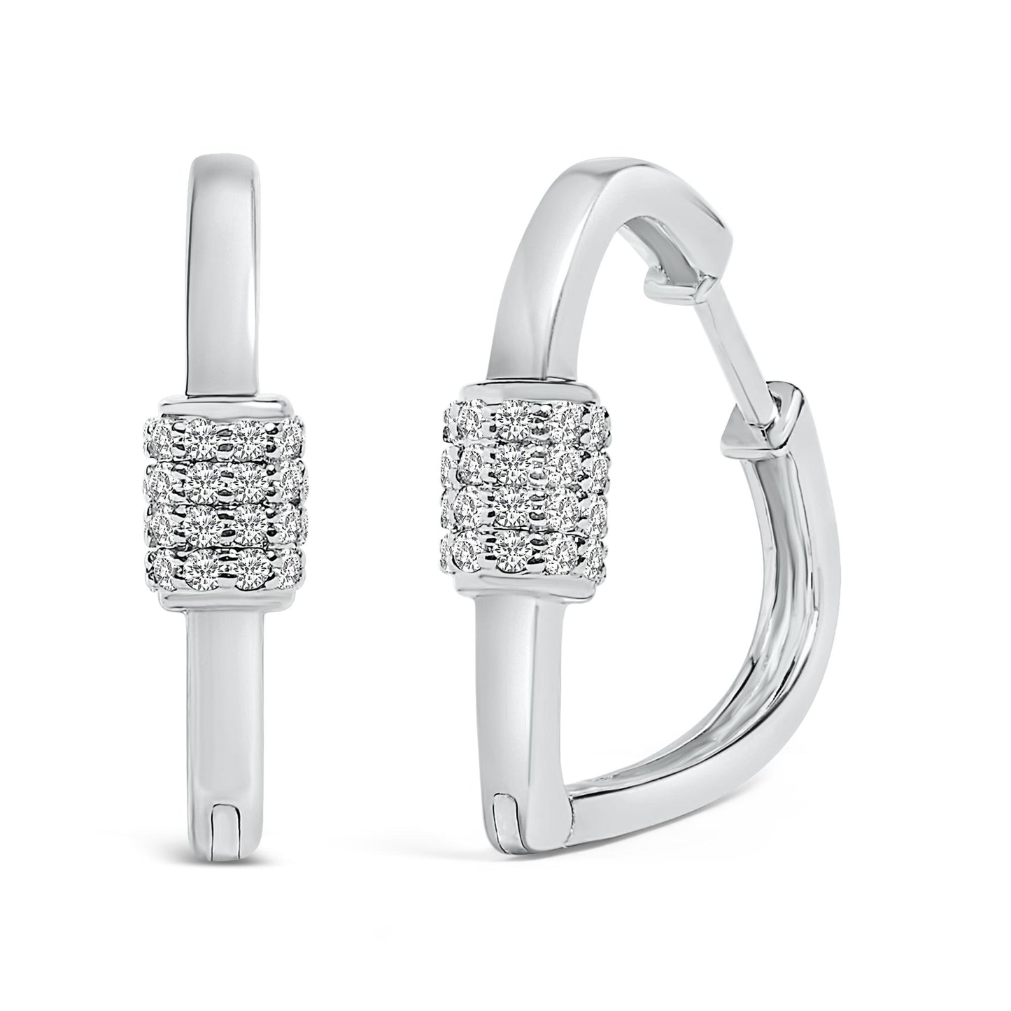 Close-up front and side view of a pair of white metal hoop earrings with a rectangular section featuring multiple rows of round white gemstones in shared prong settings.