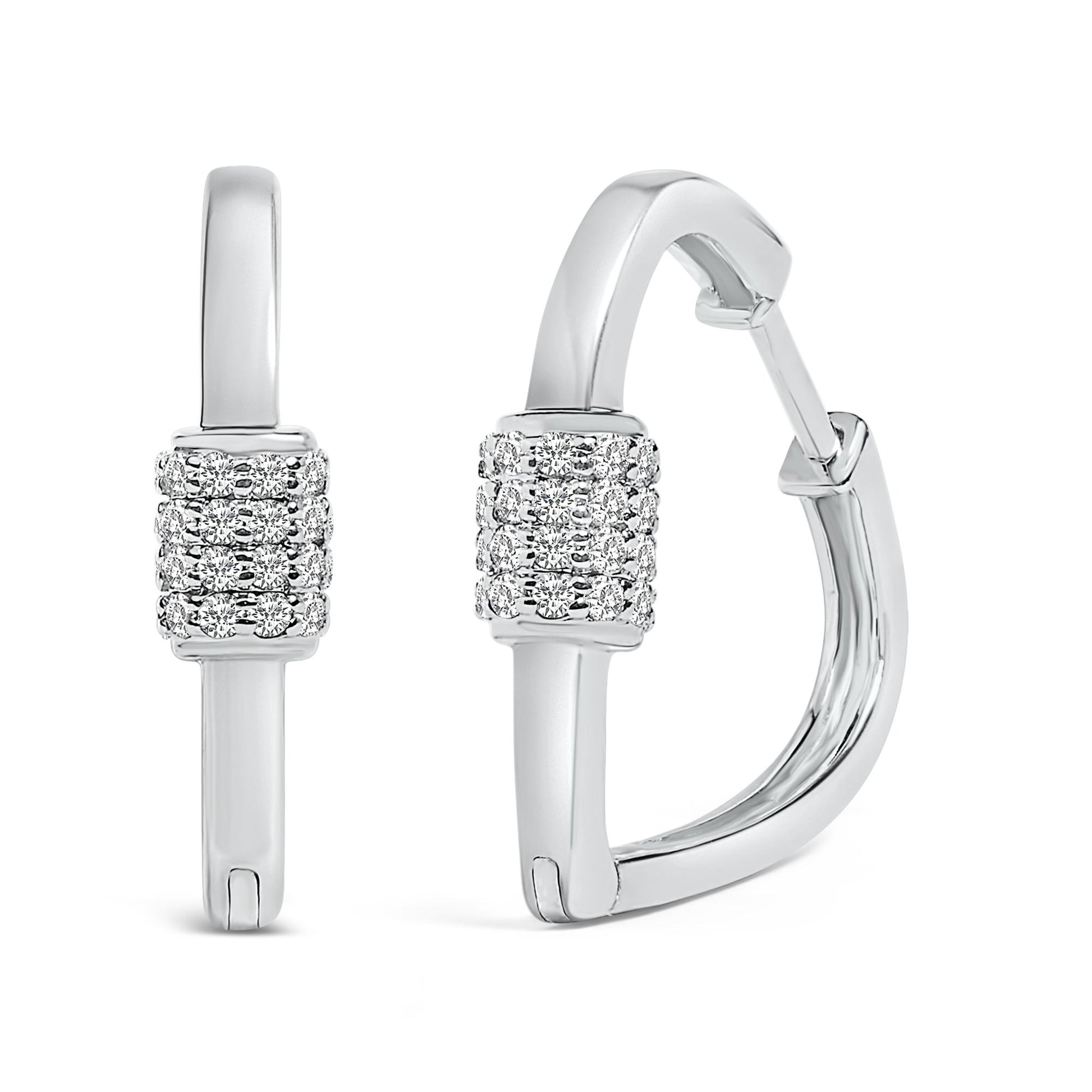 Close-up front and side view of a pair of white metal hoop earrings with a rectangular section featuring multiple rows of round white gemstones in shared prong settings.