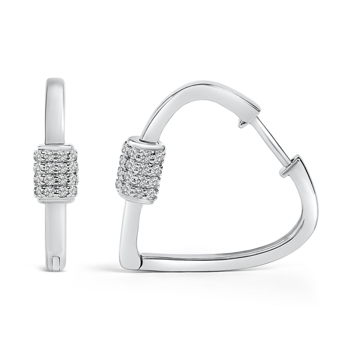 Close-up front and side view of white metal hoop earrings with a curved shape, featuring rows of small round white gemstones in shared prong settings near the clasp.