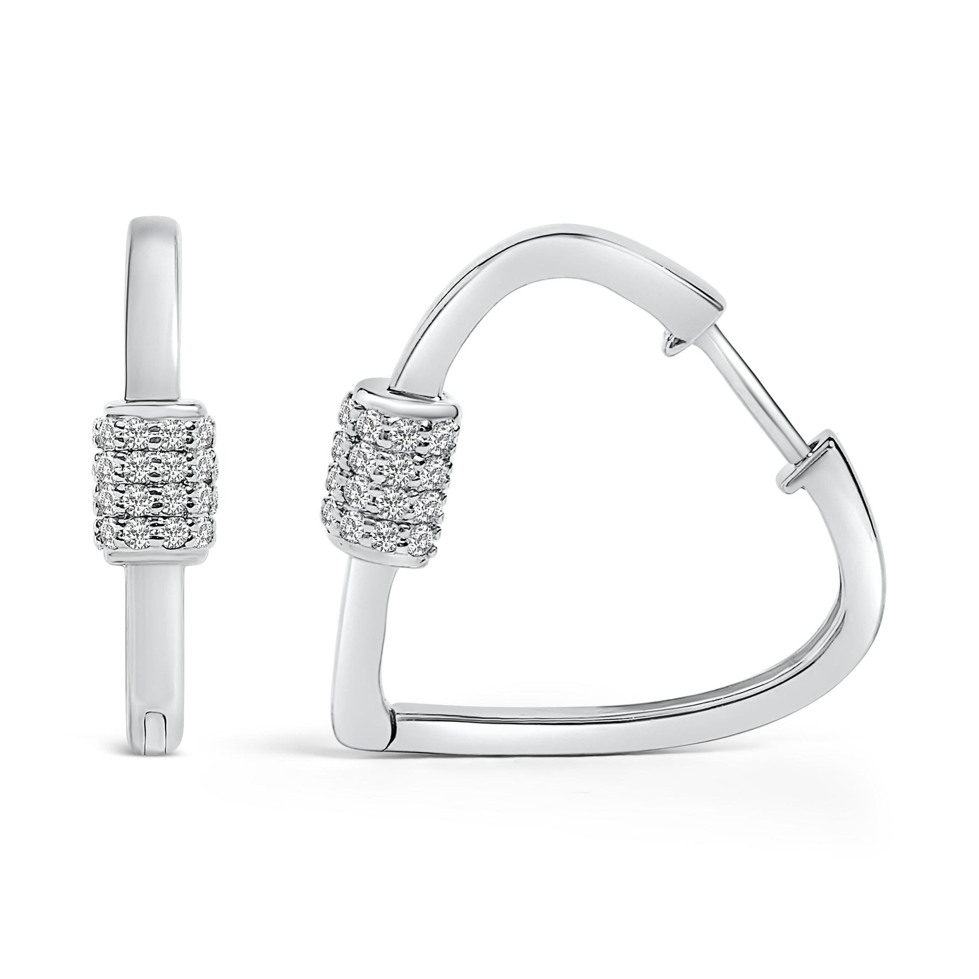 Close-up front and side view of white metal hoop earrings with a curved shape, featuring rows of small round white gemstones in shared prong settings near the clasp.