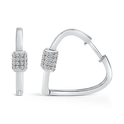 Close-up front and side view of white metal hoop earrings with a curved shape, featuring rows of small round white gemstones in shared prong settings near the clasp.