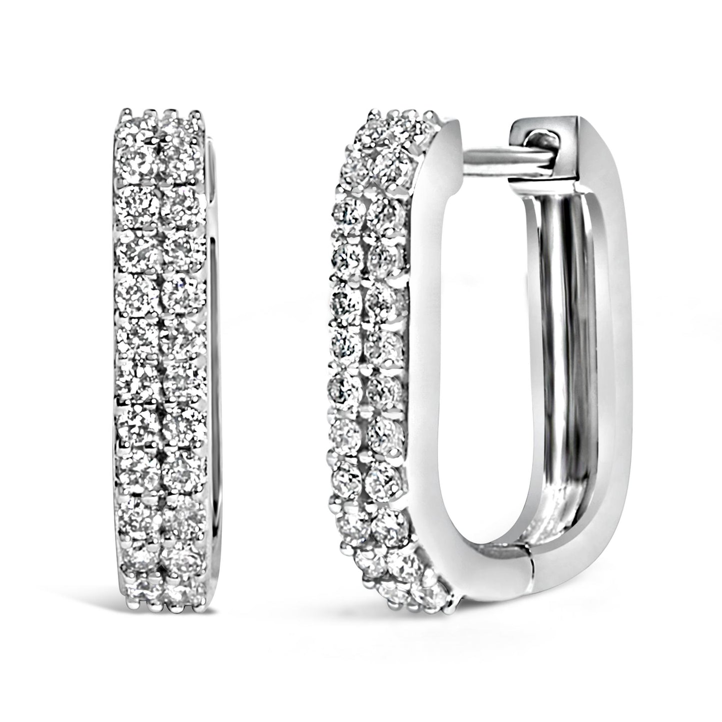 Close-up front and side views of white metal rectangular hoop earrings set with multiple rows of round white gemstones in shared prong settings.