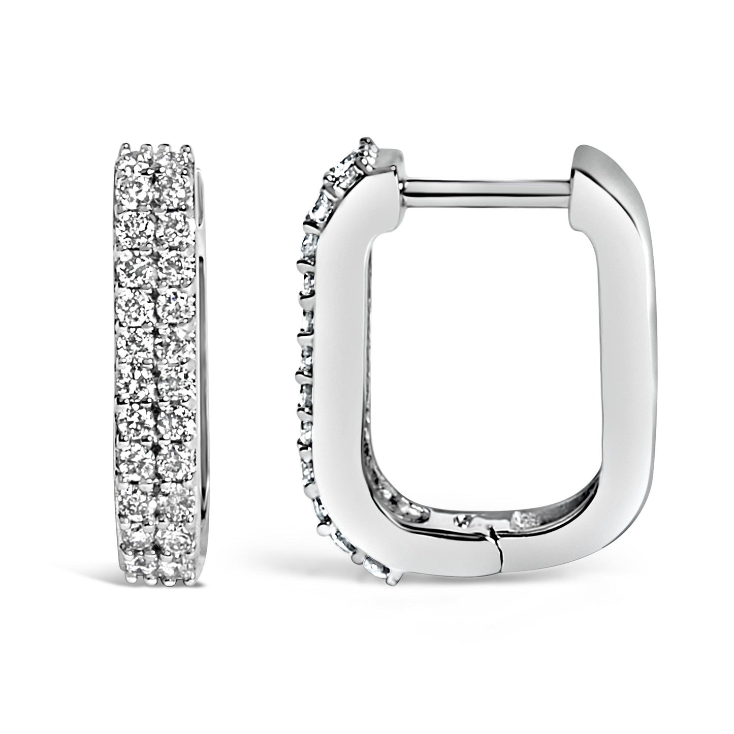 Pair of white metal rectangular hoop earrings with round white gemstones set in shared prong settings, shown from front and side angles on a white background.