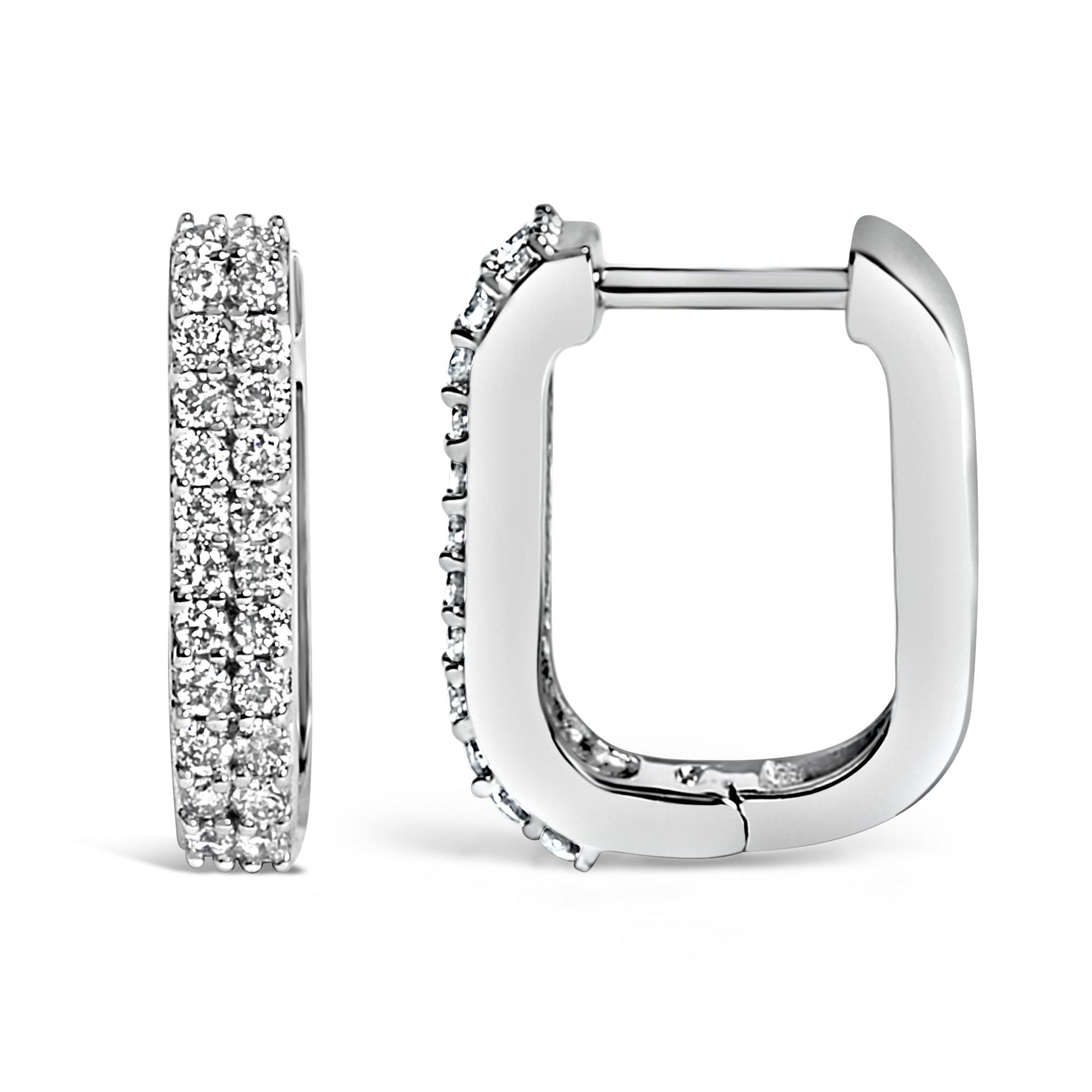 Pair of white metal rectangular hoop earrings with round white gemstones set in shared prong settings, shown from front and side angles on a white background.