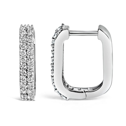 Pair of white metal rectangular hoop earrings with round white gemstones set in shared prong settings, shown from front and side angles on a white background.