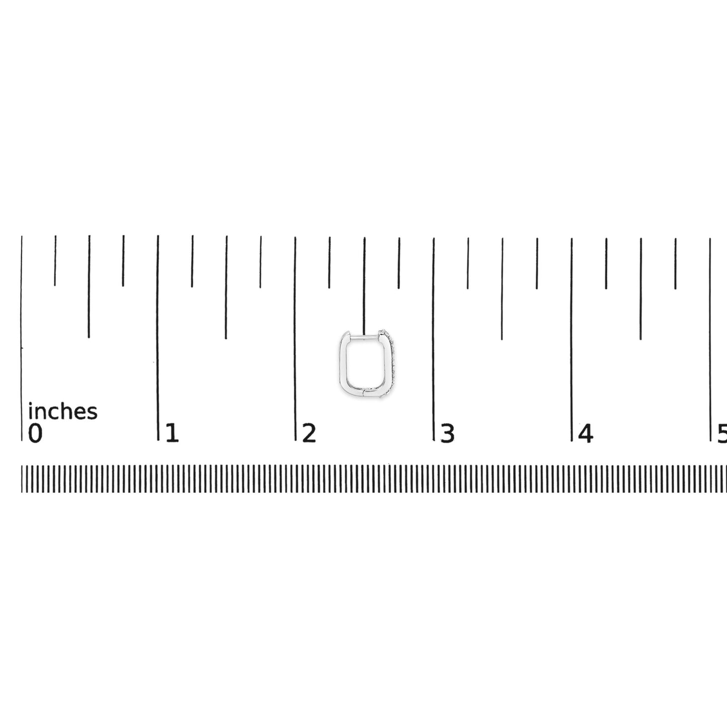 White metal rectangular hoop earring with round white gemstones in shared prong setting, shown on a scale from a top-down angle.