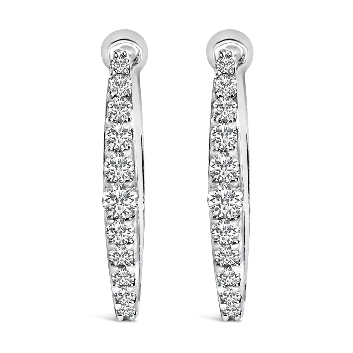 Front view of a pair of white metal hoop earrings each set with a row of round white gemstones in a shared prong setting.